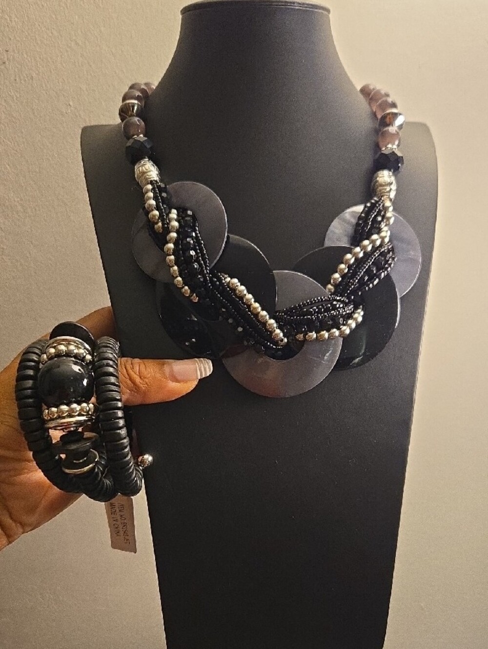 Black Beaded Statement Necklace and Bracelet Set